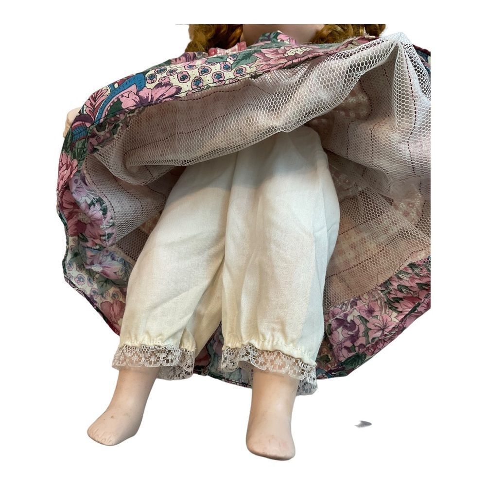 Vintage Porcelain Doll, Blonde Girl, Pink Flower Dress, Green Eyes Tall 15”. - Picture 7 of 16
